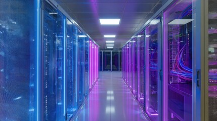Modern data center server room with colorful LED lighting and high tech equipment.