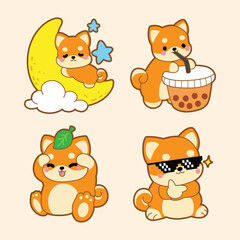 Four Shiba Inu cartoon stickers each with unique accessories and poses