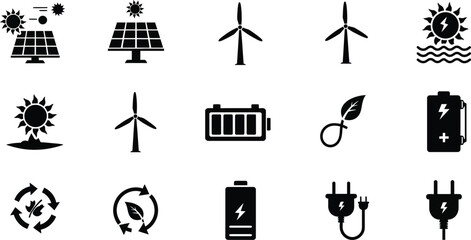 Collection of black and white icons representing renewable energy sources and sustainability. © toni