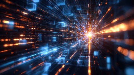 Naklejka premium Digital tunnel of glowing cubes. Fast-moving data stream