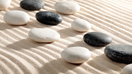 abstract Zen stones on sand with ripples and shadows creating peaceful nature scene.