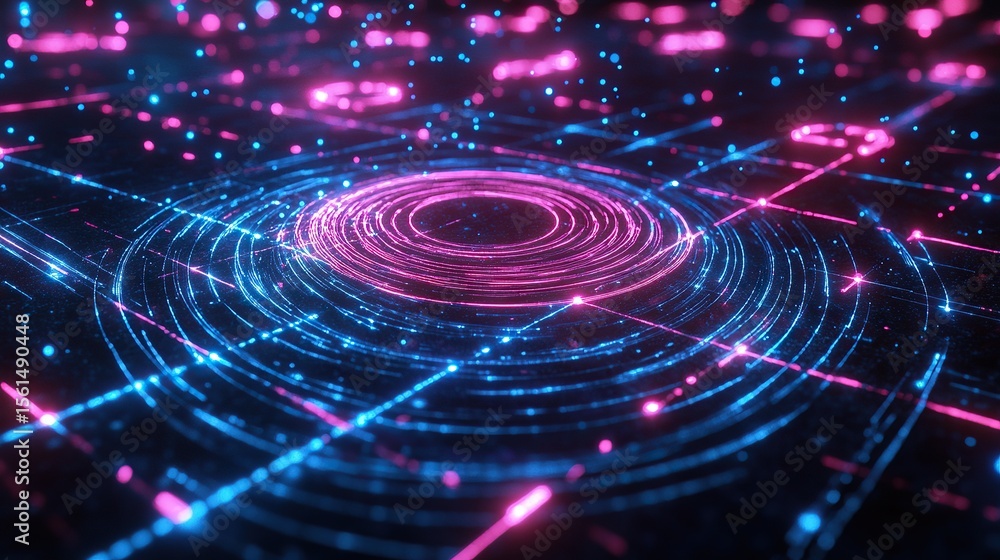 Poster neon digital core futuristic data network and technology visualization
