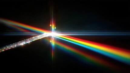 Bright colorful rainbow light spectrum splitting through a prism in dark background.