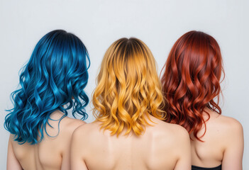 Fototapeta premium Realistic photo of three women from behind with professional wavy hairstyles in blue, yellow, and red hair colors on a minimalist background