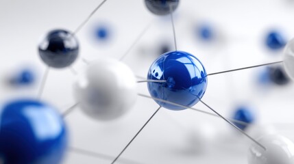 Close up of blue and white molecular structure model highlighting atomic bonds and chemical connections.