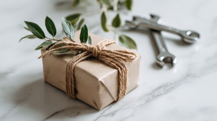 Carefully wrapped gift box with twine and green leaves on marble surface with wrenchs nearby.