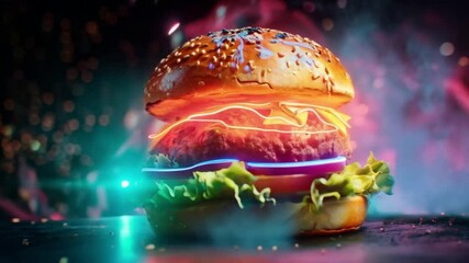 A burger with cheese and vegetables surrounded by neon lights and colorful bokeh effects - Powered by Adobe