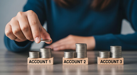 Hand placing coin on stacks labeled Account 1, Account 2, and Account 3, symbolizing financial planning and money distribution across accounts.