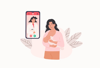 Unhappy mother using mobile app to consult with lactation consultant for breastfeeding and latch problems. Digital health support for new moms. Flat Style Vector Illustration.