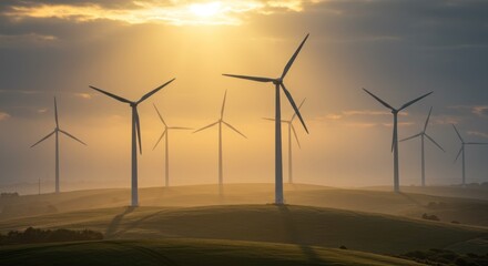 Wind turbines at sunset generating clean renewable energy in a peaceful environment