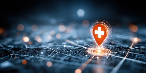 Advanced digital map with healthcare location marker on technological network background.