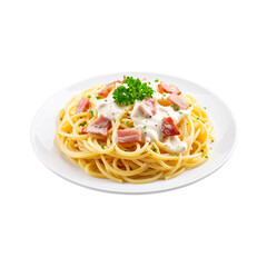 Delicious Italian spaghetti with carbonara sauce on a white plate