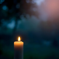 Candle flame glowing against dark nature light