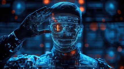 Futuristic Digital Soldier Saluting with Holographic Effect and Circuitry Details