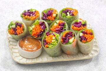 Vietnam Spring Roll. Vietnamese spring rolls, summer spring rolls, or salad spring rolls, a traditional dish in Vietnamese cuisine consisting of pork, shrimp, vegetables, bún, and other ingredients wr