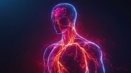 Naklejka premium Digital Glowing Human Body Brain and Nervous System Anatomical Illustration