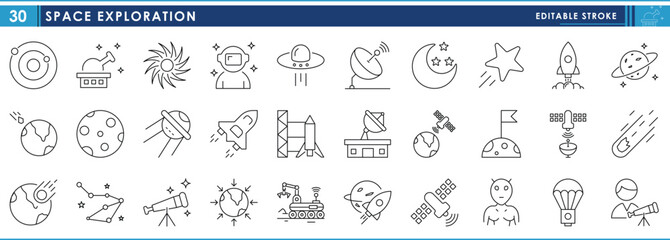 A set of line icons related to Space Exploration. Astronomy, Space, planet, satellite, stars, alien, explorer, rockets, and so on. Vector editable stroke.
