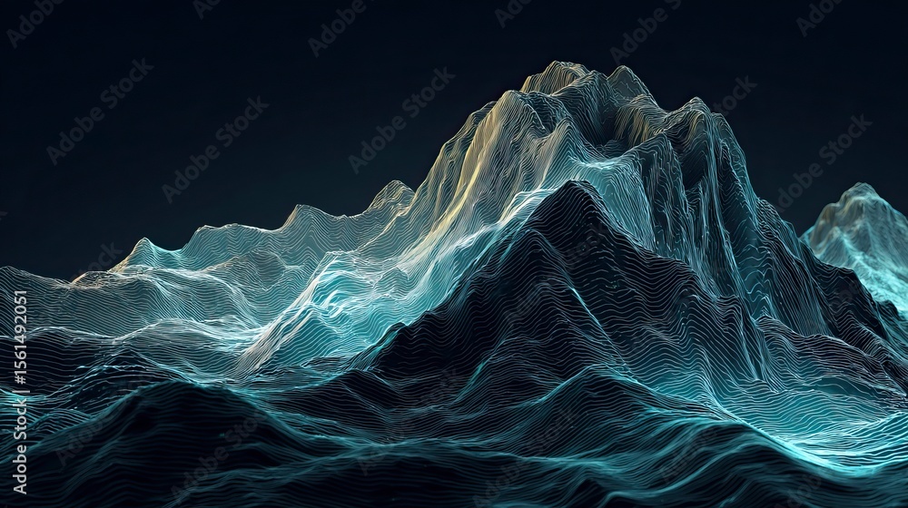 Poster abstract 3d rendering of digital mountains, with light lines forming intricate patterns on the peaks