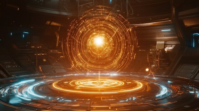 Photorealistic holographic interface with a central glowing orb illuminating swirling layers of dynamic energy graphs and geometric projections - Powered by Adobe