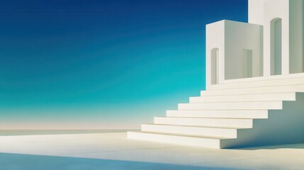 Minimalist architectural scene featuring white steps leading to a serene blue horizon