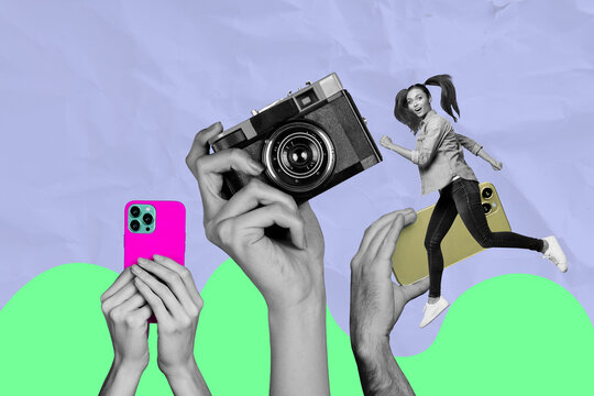 Banner 3d image pop full collage of happy girl guy sit hands hold retro camera shooting modern smartphone paparazzi capture