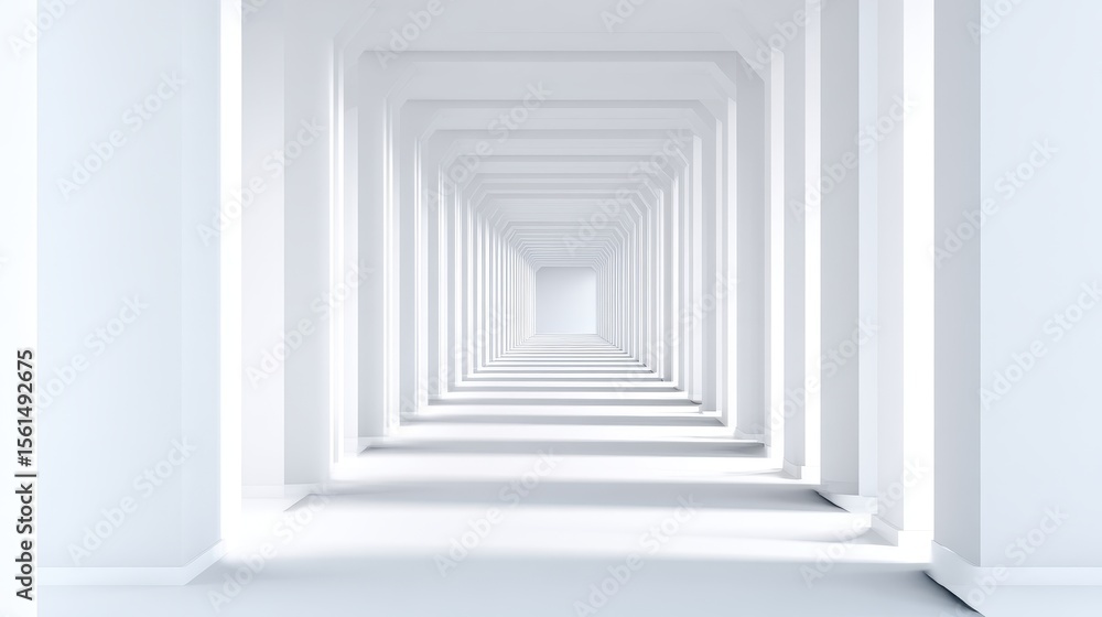 Poster infinite white corridor with symmetrical arches, soft light creating depth in a serene space
