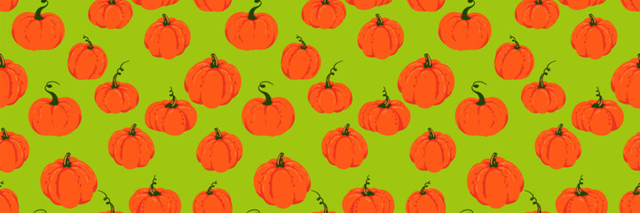 Seamless vector pattern with hand drawn orange pumpkins on a bold green background. Template for autumn, Thanksgiving, Halloween, seasonal packaging, fabric, and fall themed projects