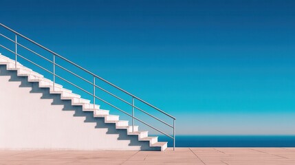 Modern staircase leading to a serene ocean view under a clear blue sky, ideal for tranquility