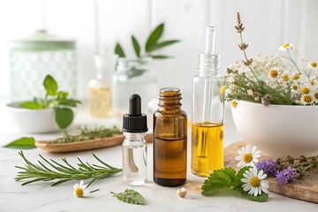 Essential oils and herbs for natural wellness amber bottles clear bottle