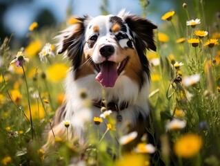 An adorable Australian Shepherd with fluffy red and white fur rests among bright yellow flowers and daisies isummer field. Sunlight highlights its joyful gaze and open mouth with tongue out, conveying