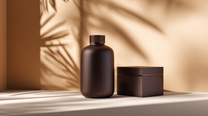 Elegant brown bottle and box on a minimalist shelf, with soft shadows and warm tones