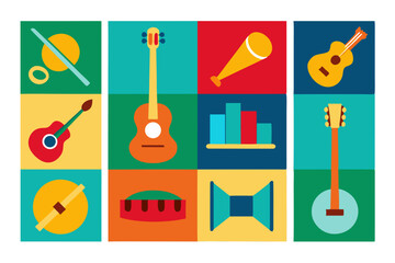 Colorful flat design icons of musical instruments and objects