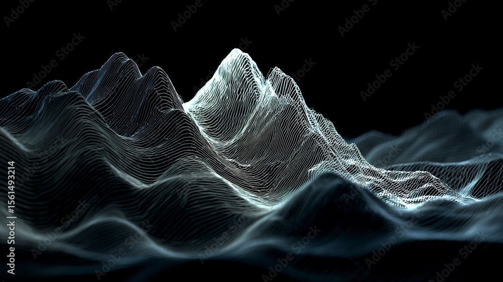 Fototapete abstract 3d rendering of digital mountains, with light lines forming intricate patterns on the peaks