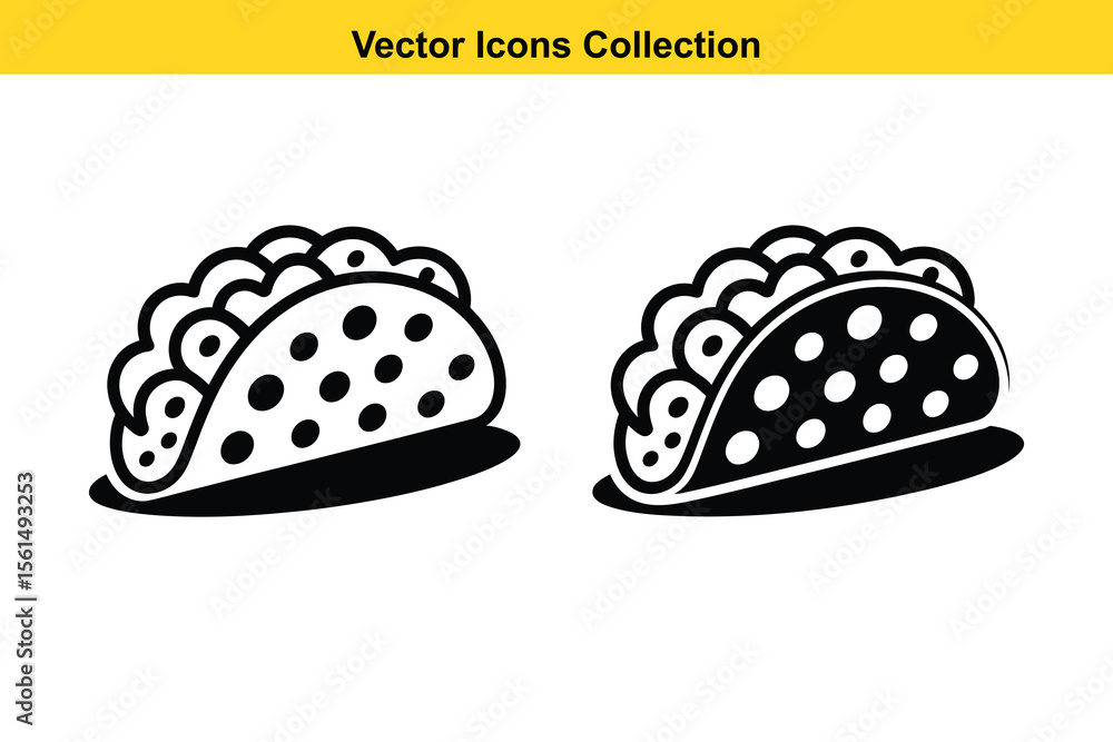 Poster two black and white vector icons of a taco with a scalloped shell and polka dots