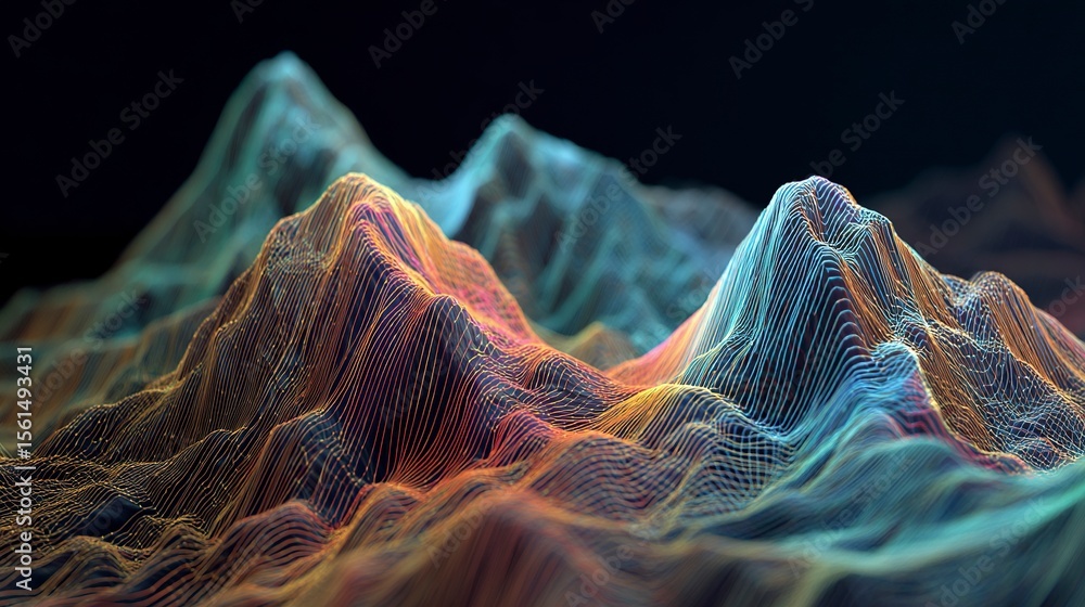 Poster abstract 3d rendering of digital mountains, with light lines forming intricate patterns on the peaks
