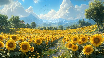 Fototapeta premium Sun-drenched sunflower field, pathway to mountains