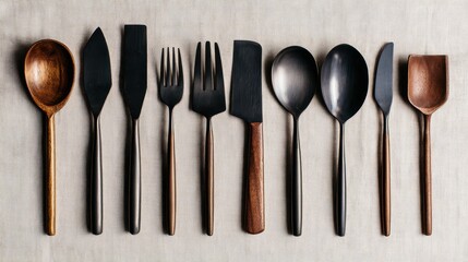 A collection of wooden kitchen utensils arranged neatly on a textured surface, showcasing craftsmanship