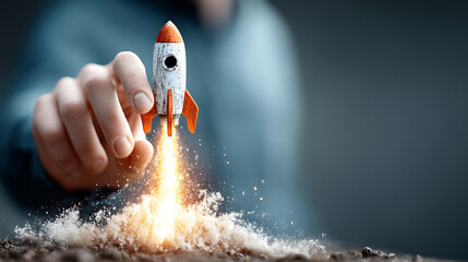 Person launches toy rocket revealing entrepreneurial spirit and business startup concept illustrating ambition innovation and drive representing success growth and progress