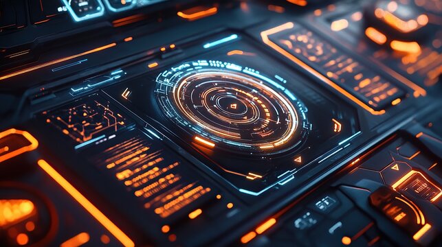 Precision-tech dashboard glowing in crisp rotating radial rings