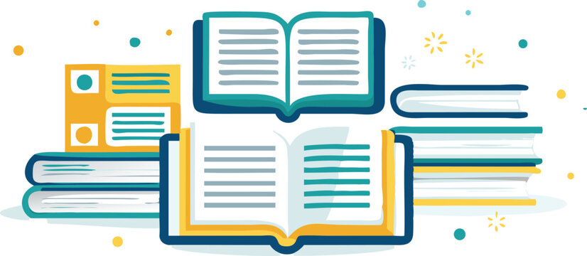 Illustration showing stacks of books with open books and colorful dots scattered around them nicely done