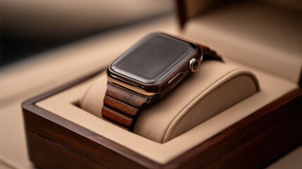 Elegant smartwatch with leather strap resting in open wooden box on soft cushion.