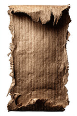 Worn piece of kraft cardboard with frayed borders and visible inner fluting
