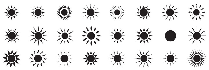 Sun icons set. Sun weather symbol collection. Sunshine, sunlight, sunburst icon set. Solar energy. Vector illustration .  