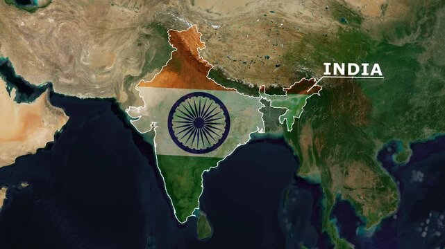 Zoom from Earth to India. (Country Flag) World map animation with highlighted country borders. Satellite 3d world map animation highlights aerial views, tourism, and travel. 4k