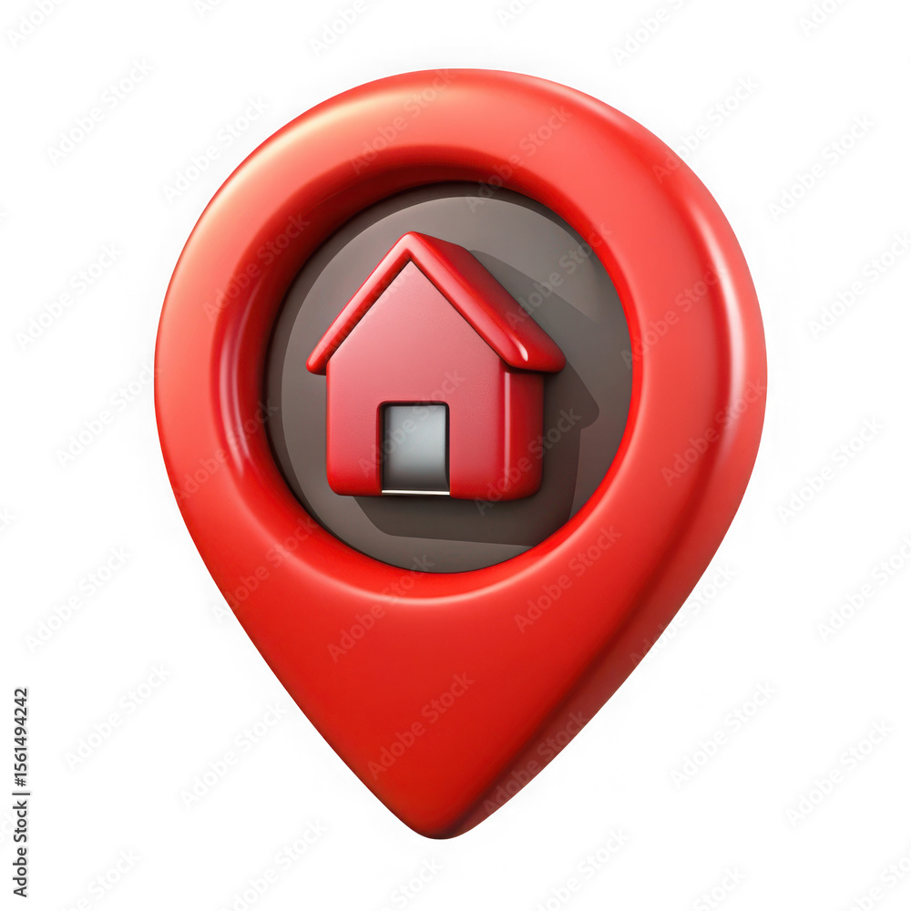 Poster red house icon within a location pin marker isolated on transparent background