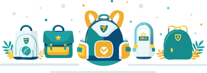 Illustration featuring five colorful backpacks with various designs on a white background art style