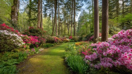 Lush green forest pathway lined with vibrant blooming azalea flowers and tall trees.