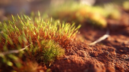 Close-up of small moss plants growing on reddish soil with blurred background.