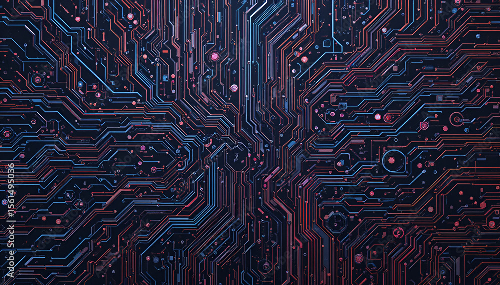 Fototapete An intricate computer motherboard design displaying a complex network of electronic circuitry in red and blue hues against a dark backdrop.