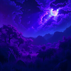 Ethereal Moonlit Mountain Valley fantasy landscape